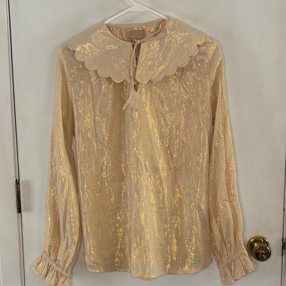 Carolina Benoit metallic gold long sleeve blouse oversized scalloped collar Sz L